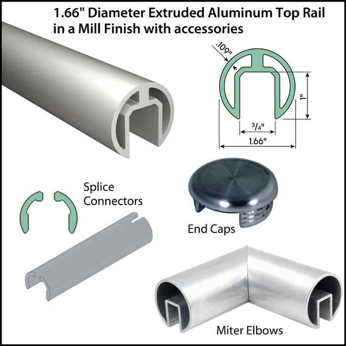 1.66" Diameter Mill Finish Aluminum Extruded Top Rail with Accessories