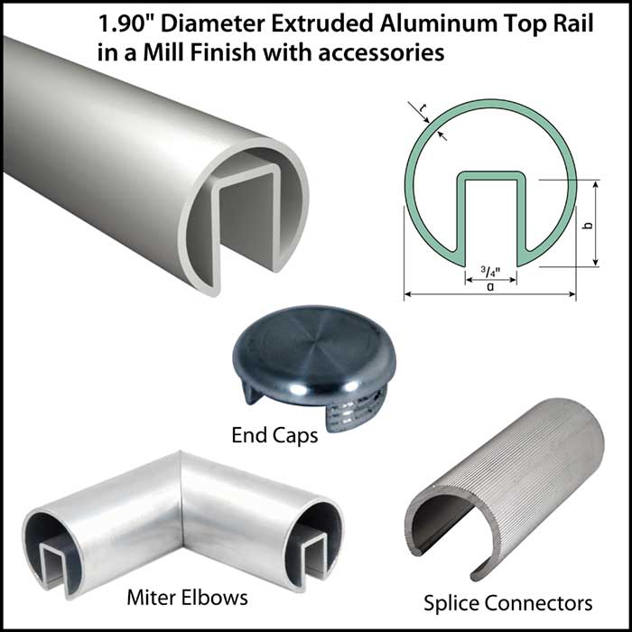1.90" Diameter Mill Finish Aluminum Extruded Top Rail with Accessories
