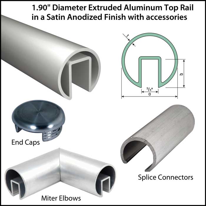 1.90" Diameter Satin Anodized Finish Aluminum Extruded Top Rail with Accessories