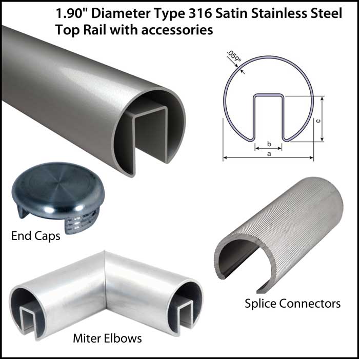 1.90" Diameter Satin Stainless Steel Top Rail for use with 1/2" or 3/4" monolithic or laminated glass