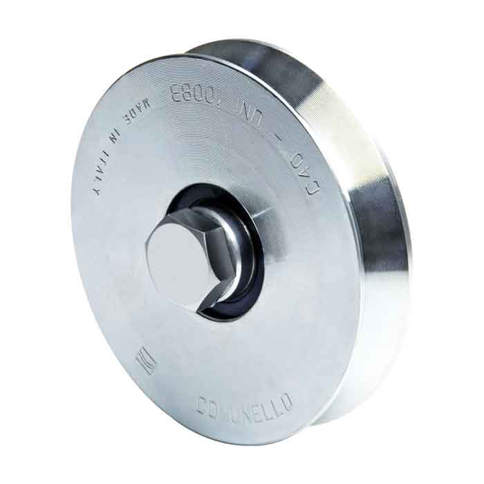 Standard, Galvanized V-Groove Wheels with 1 Bearing. Available in 2", 3", 4" and 6" sizes.