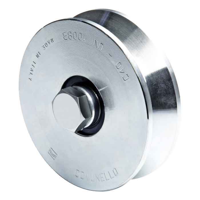 Standard, Stainless Steel V-Groove Wheels with 2 Bearings. Available in 4" and 6" sizes.