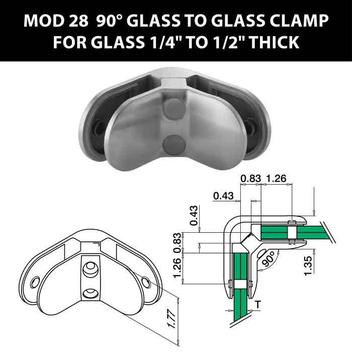 MOD 28 90 degree Glass to Glass Clamps for 1/4" to 1/2" Thick Glass
