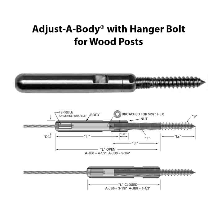 Adjust-A-Body w/Hanger Bolt for 1/8" or 3/16" Cable, Wood Posts