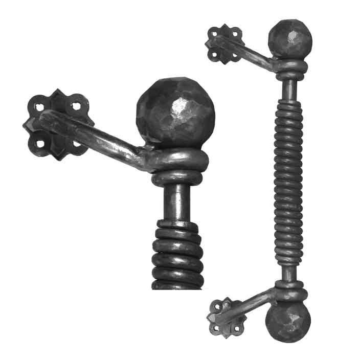 18" Tall Forged Steel Door Handle w/Spiral Twisted handle, diamond balls at top and bottom and rosette backplates