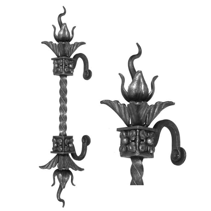 27" Tall Forged Steel Door Handle w/Twisted handle, w/leaves and flower coming out of rosette designed box
