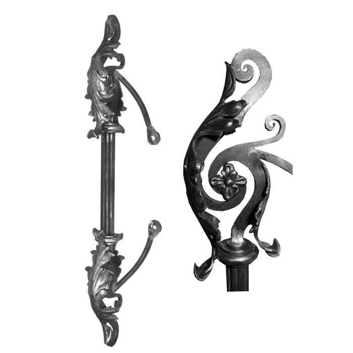35" Tall Forged Steel Door Handle w/Grooved handle, w/ acanthus leaves and scrolls at top and bottom