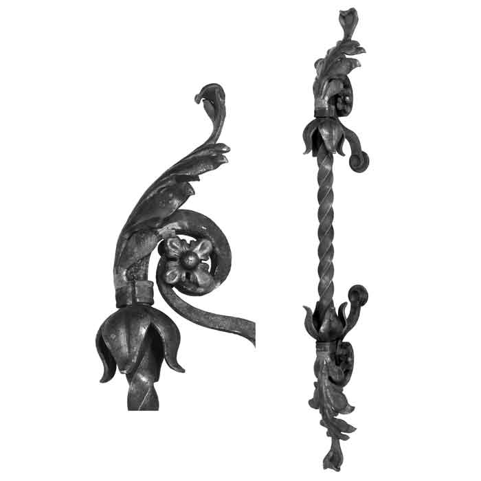31-1/4" Tall Forged Steel Door Handle w/Twisted handle and flower, leaf, rosette design at top and bottom