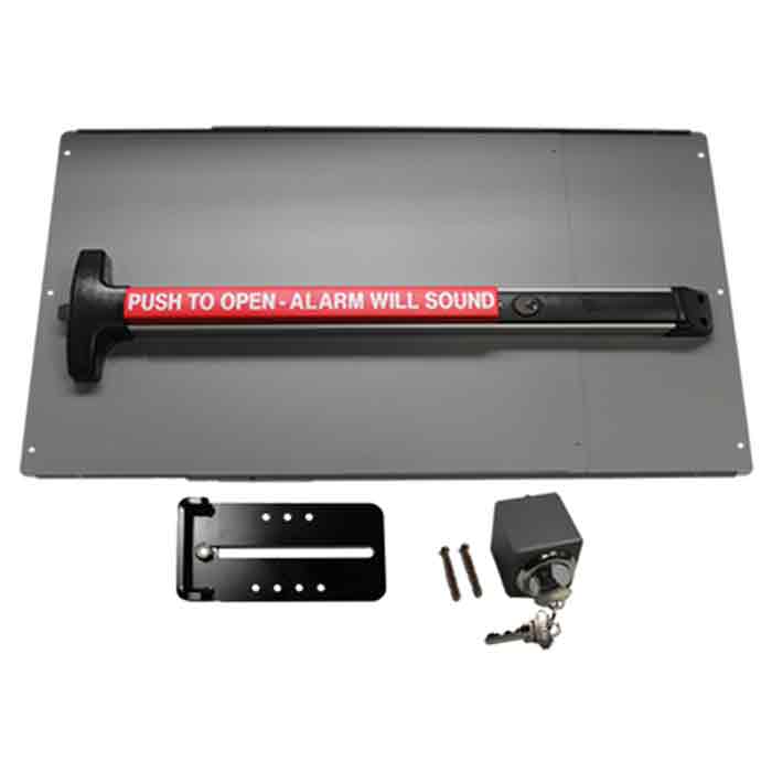 Safety Panic Bar w/Alarm and Panic Shield Kits in Black and Silver
