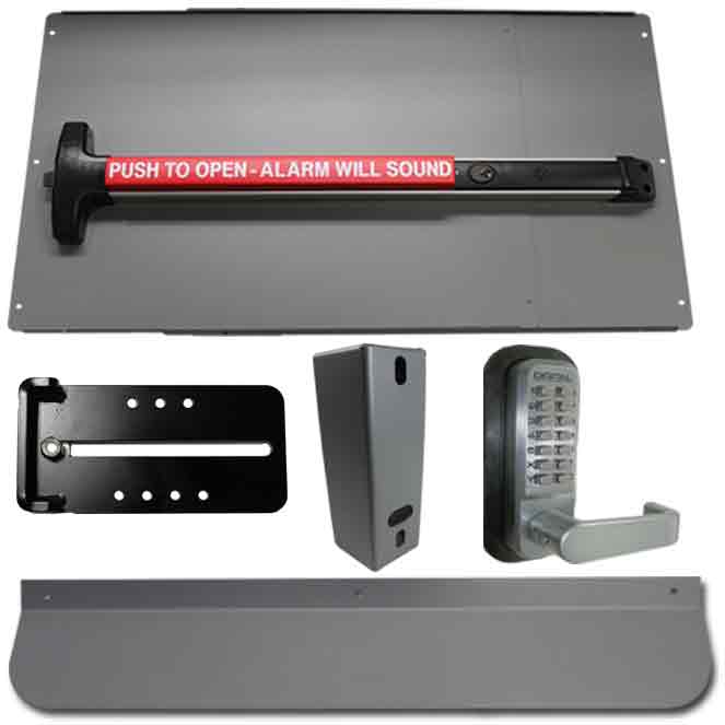 Security Panic Bar w/Alarm and Panic Shield Kits in Black and Silver