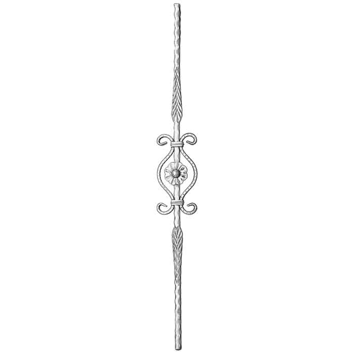 9/16" sq. Aluminum Baluster, w/Scroll & Rosette, Hammered Bar w/Feather Features, 39-1/2" Tall