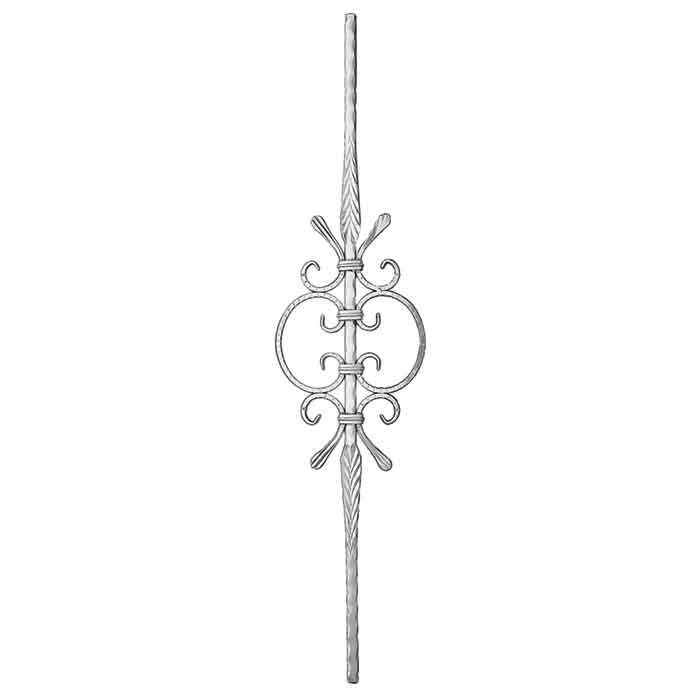 9/16" sq. Aluminum Baluster, w/Scroll Center, Hammered Bar w/Feather Features, 39-1/2" Tall
