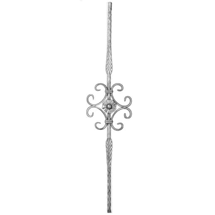 9/16" sq. Aluminum Baluster, w/C-Scroll & Rosette Center, Hammered Bar w/Feather Features, 39-1/2" Tall