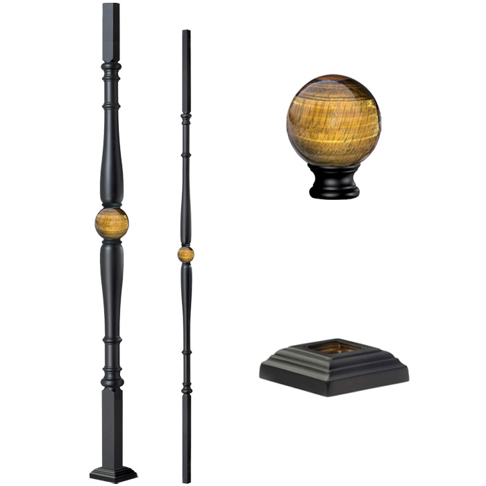 Grande Forge Black Series Posts & Balusters W/Tiger Eye Sphere Center and Square Base