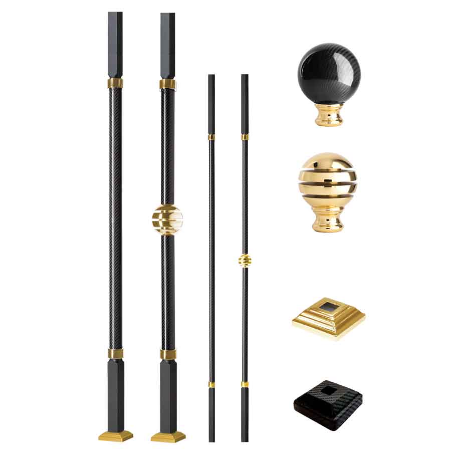 Grande Forge Carbone Series Square Posts and Balusters with a Gold Plated Finish