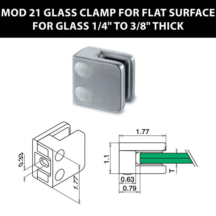 MOD 21 Square Glass Clamps for Flat Surface for 1/4" to 3/8" Thick Glass