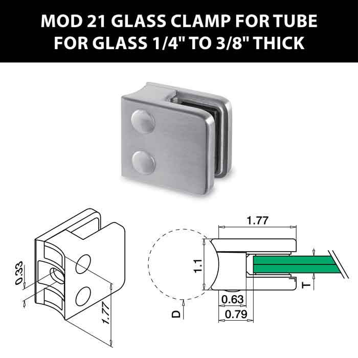 MOD 21 Square Glass Clamps for Tube for 1/4" to 3/8" Thick Glass