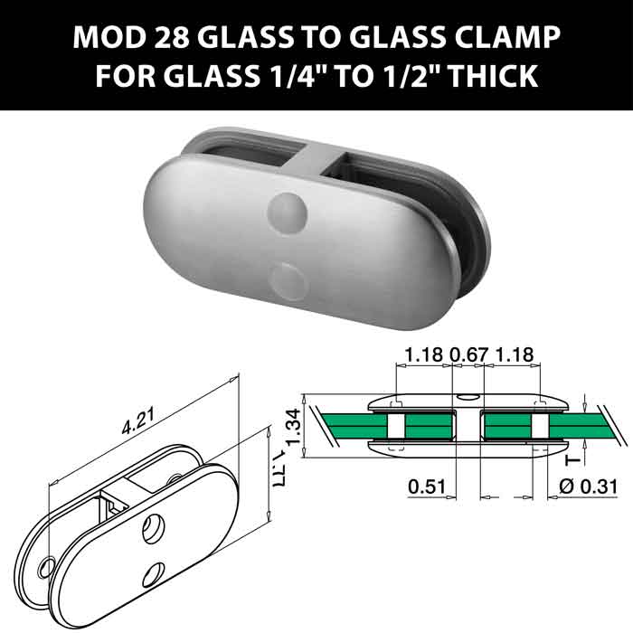 MOD 28 Rounded Glass to Glass Clamps for 1/4" to 1/2" Thick Glass