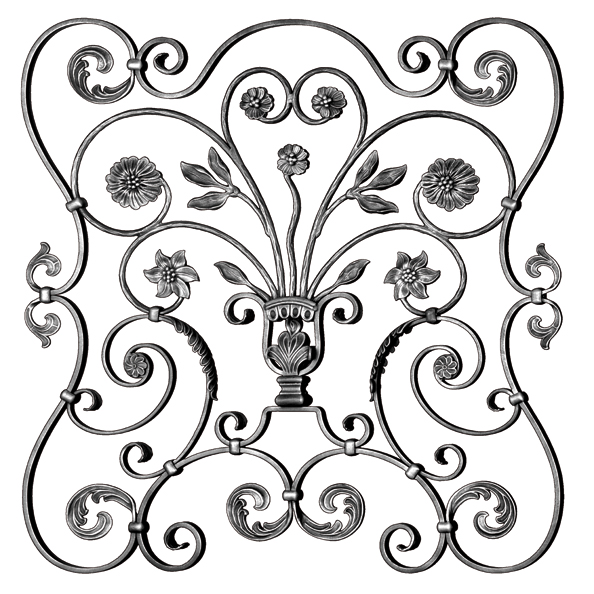 5/8" x 5/16" Steel Scroll Panel w/Spray of Flowers/Leaves, 34-5/8" Tall, Mozart Series