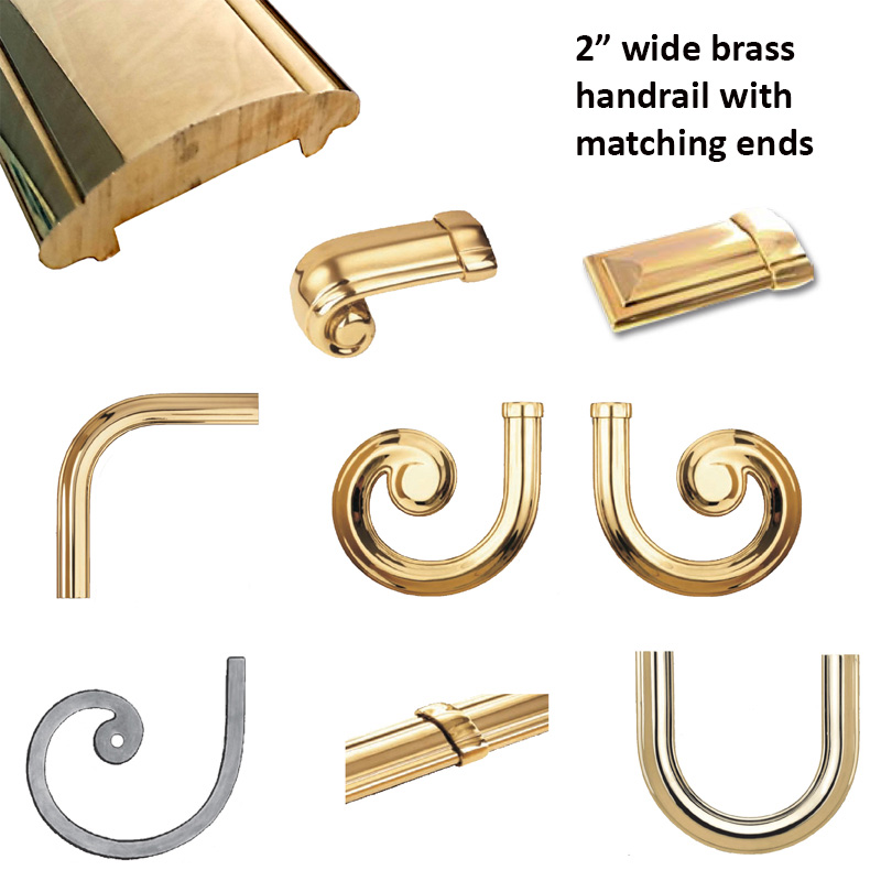 Rough-Laminated Brass Lateral Scrolls and Fittings for 2" Brass Handrail by Grande Forge