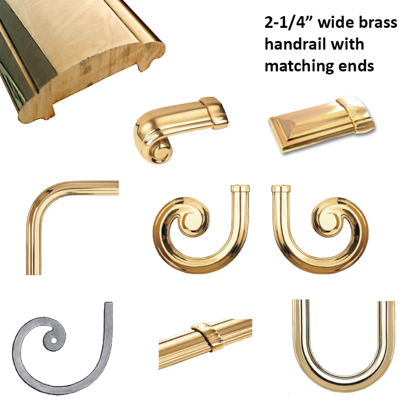 Rough-Laminated Brass Lateral Scrolls and Fittings for 2-1/4" Brass Handrail by Grande Forge