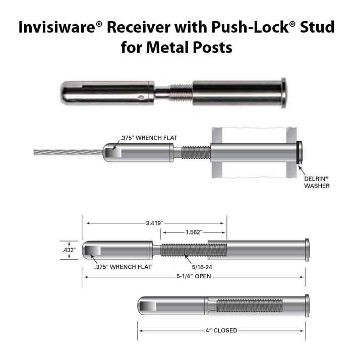 Invisiware Receiver with Push-Lock Stud for Metal Posts