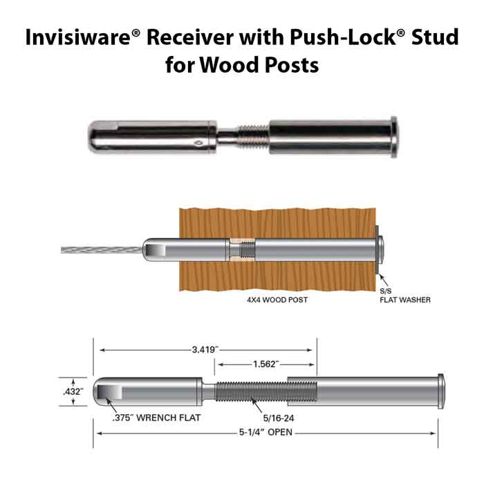 Invisiware Receiver with Push-Lock Stud for Wood Posts