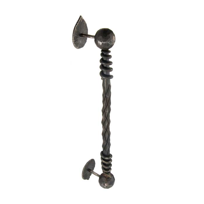 24-1/2" Tall Forged Steel Door Handle w/Leaf Backplate, Ornate Pull & Hammered Ball Ends
