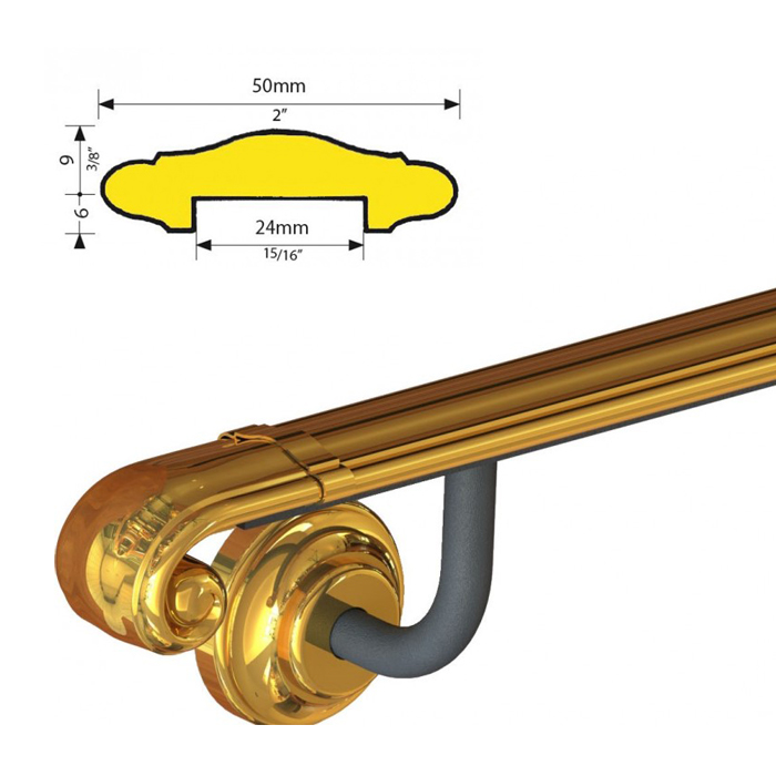 Pre-Assembled 2" wide Brass Handrail w/Volute Ends, Screws not included