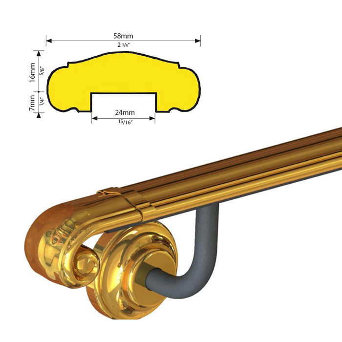 Pre-Assembled 2-1/4" wide Brass Handrail w/Volute Ends, Screws not included