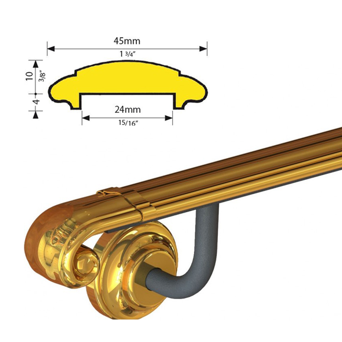 Pre-Assembled 1-3/4" wide Brass Handrail w/Volute Ends, Screws not included