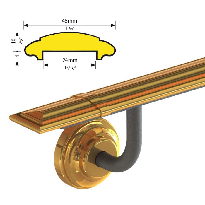 Pre-Assembled 1-3/4" wide Brass Handrail w/Square Ends, Screws not included