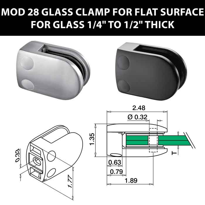 MOD 28 Rounded Glass Clamps for Flat Surface for 1/4" to 1/2" Thick Glass