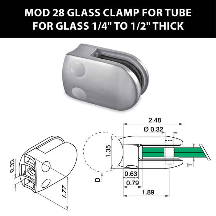 MOD 28 Rounded Glass Clamps for Tube for 1/4" to 1/2" Thick Glass