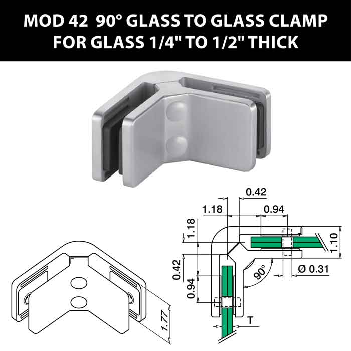 MOD 42 90 degree Glass to Glass Clamps for 1/4" to 1/2" Thick Glass