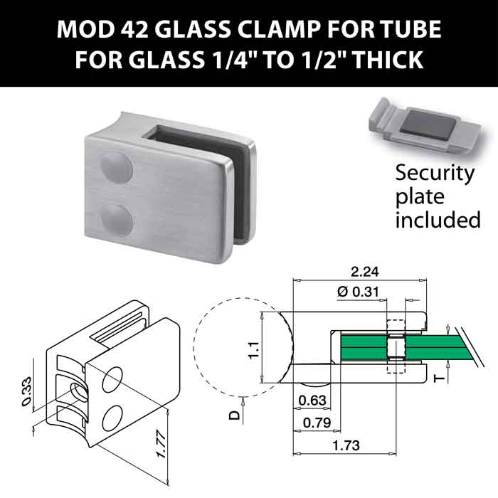 MOD 42 Square Glass Clamps for 1-1/2" Dia. Tube for 1/4" to 1/2" Thick Glass