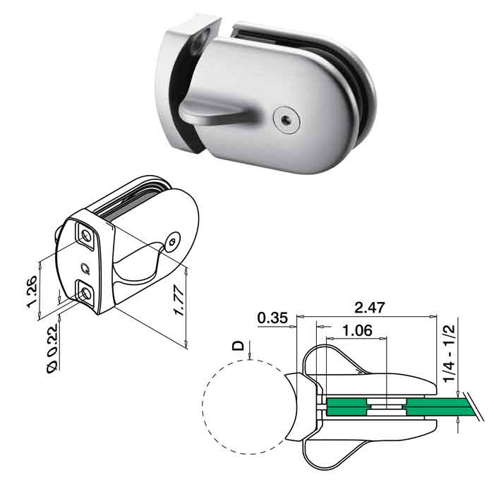Lock, Tube to Glass, for 1.9" dia. tube, for 1/4"-1/2" Glass, 316 Satin Stainless Steel, Sold 1/Box (14.0282.048.12)