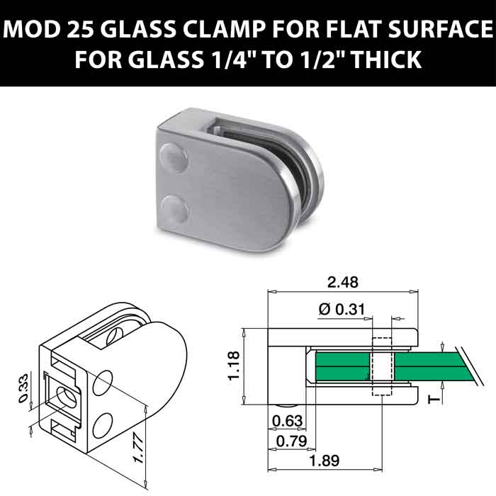 MOD 25 Rounded Glass Clamps for Flat Surface for 1/4" to 1/2" Thick Glass