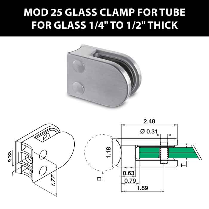 MOD 25 Rounded Glass Clamps for 1.9" Dia. Tube for 1/4" to 1/2" Thick Glass