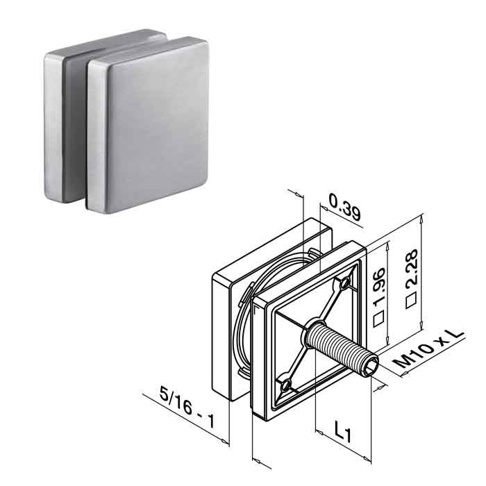 2-1/4" sq. Glass Adapter for 5/16"-1" Glass, 2-3/8" M10 Bolt, Fascia Mount, 316 Stainless Steel, Sold 2/Box (14.4747.000.12)