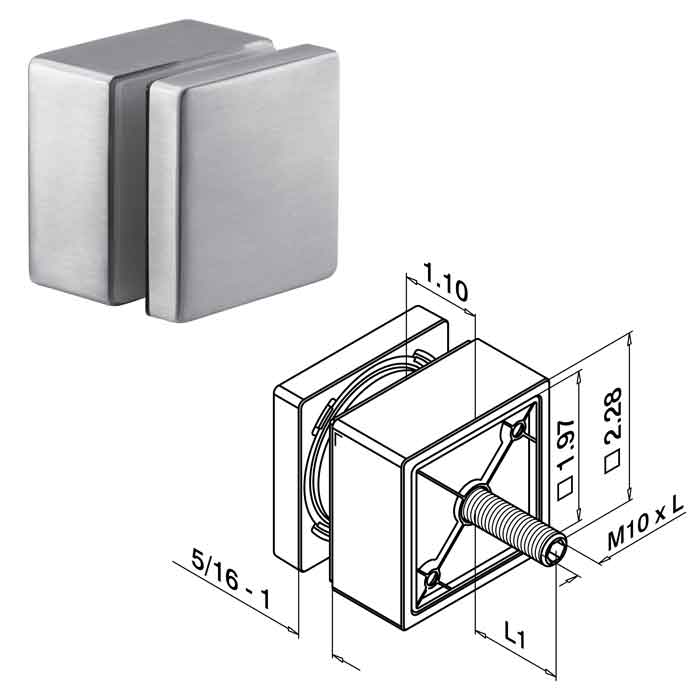 2-1/4" sq. Glass Adapter for 5/16"-1" Glass, 3-1/8" M10 Bolt, Fascia Mount, 316 Stainless Steel, Sold 2/Box (14.4747.300.12)