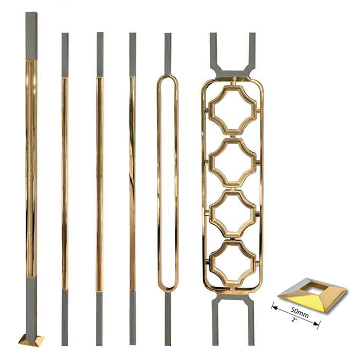Grande Forge Square Series Posts, Balusters and Panels with Brass PVD Coating and Mild Steel Ends