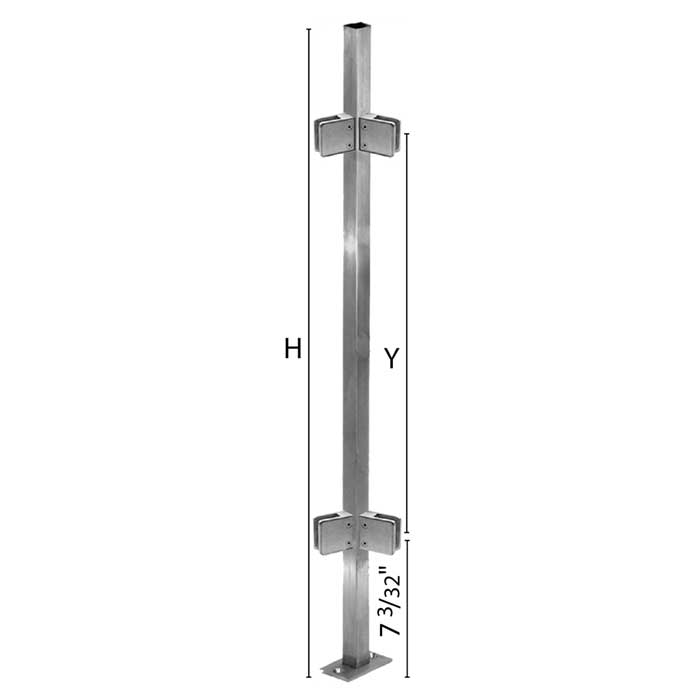 Stainless Steel Square Corner Post with Glass Clamps for use with 1-9/16" x 1-9/16" x 5/64" Tubing