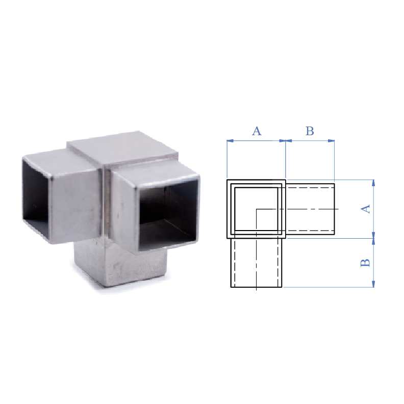 3-Way Corner Fitting for Square Tubing, 316 Satin Stainless Steel