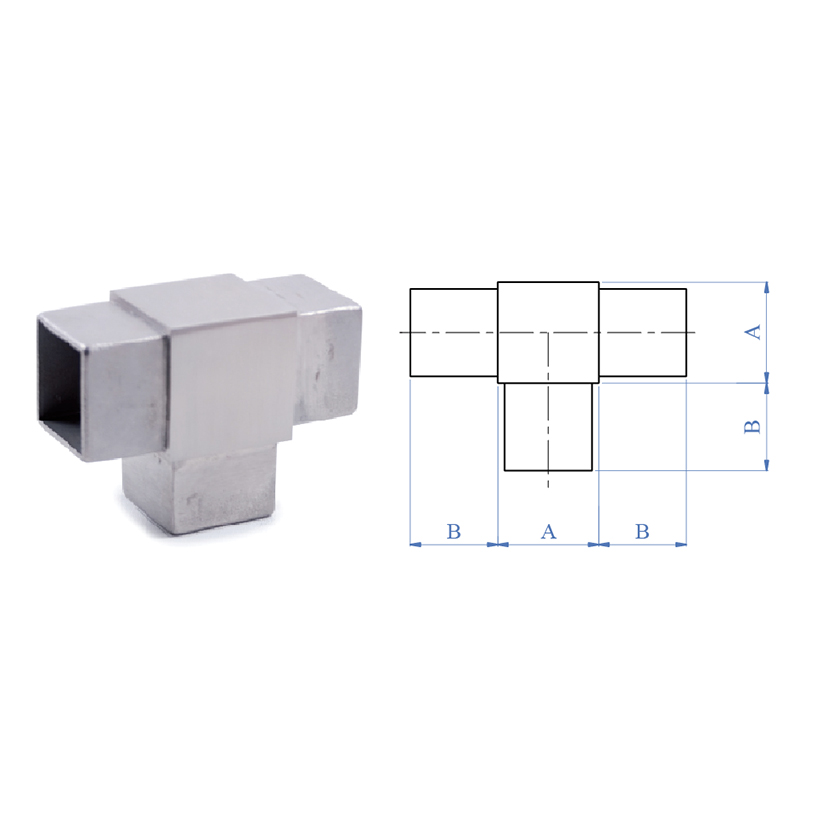 3-Way Flush "T" Fitting for Square Tubing, 316 Satin Stainless Steel