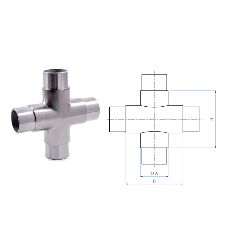 3-Way Cross Fitting for 1-2/3" dia. Tubing, 316 Satin Stainless Steel
