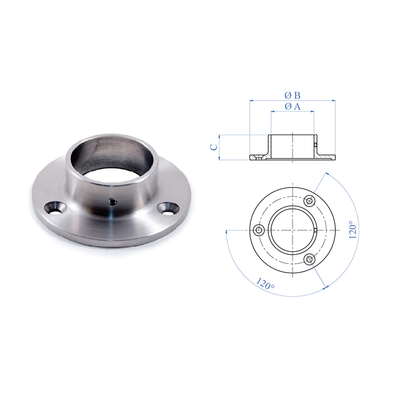 Anchorage Flange for 1-2/3" dia. Tubing, 3 Mounting Holes, 316 Satin Stainless Steel