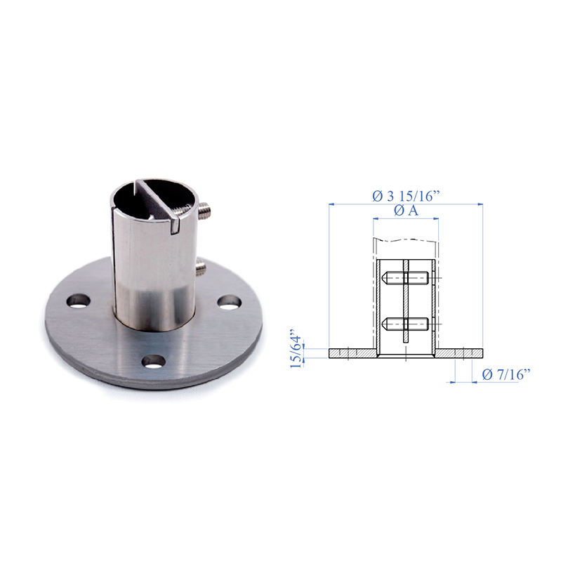 Anchorage for 1-2/3" dia. Tubing, 3 Mounting Holes, 316 Satin Stainless Steel