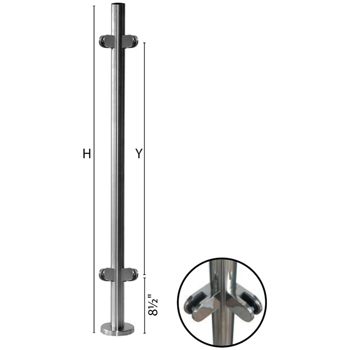 Stainless Steel Round Corner Newel Post with Glass Clamps for use with 1-2/3" diameter x 5/64" Tubing