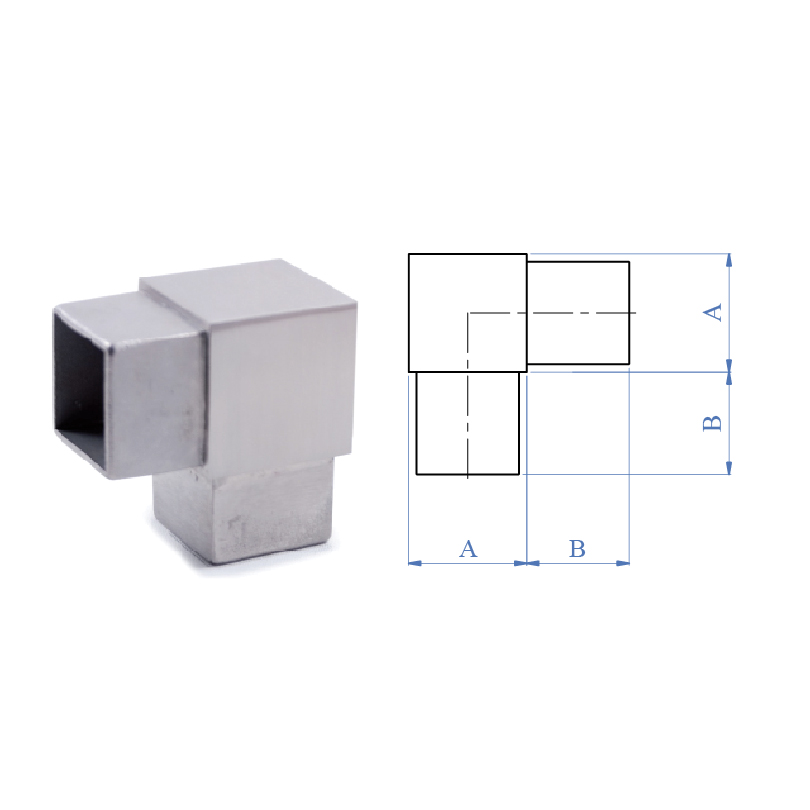 90 degree Elbow Fitting for 1-9/16" Square Tubing, 316 Satin Stainless Steel